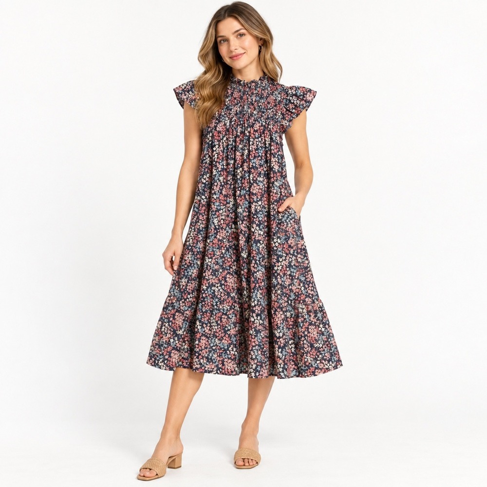 Sea New York Biarritz Floral Cotton Smocked Midi Dress Womens S Navy Pink